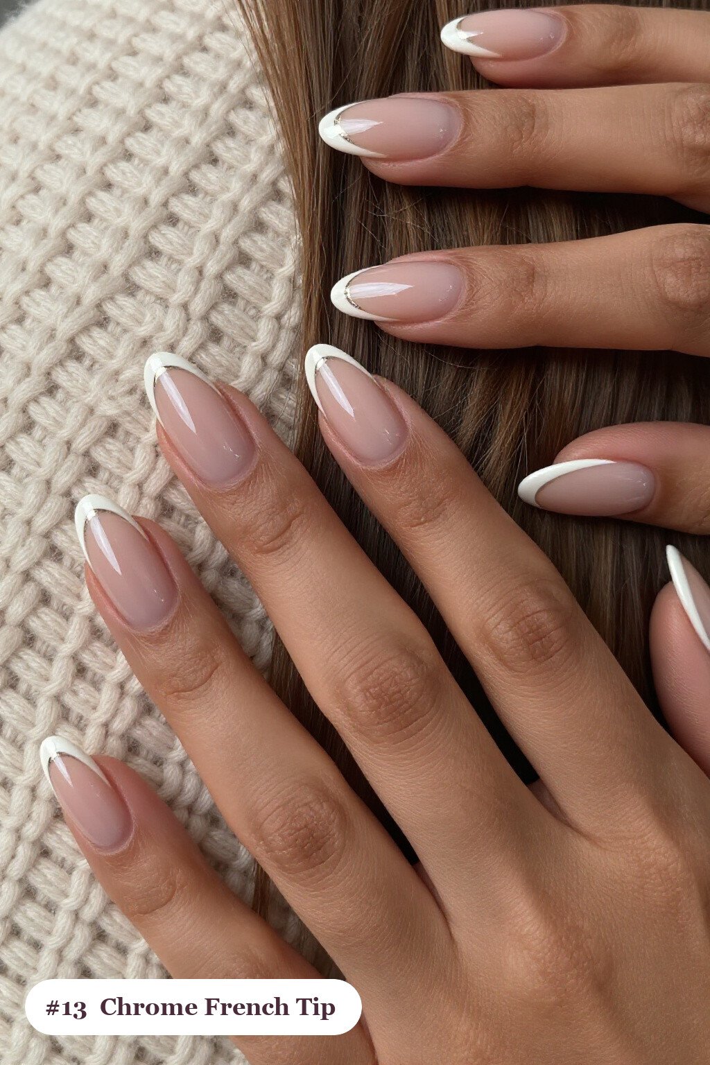 Nude Beige French Tip Almond Nails with Liquid Chrome Mirror: On Short Nails - french tip almond nails with design