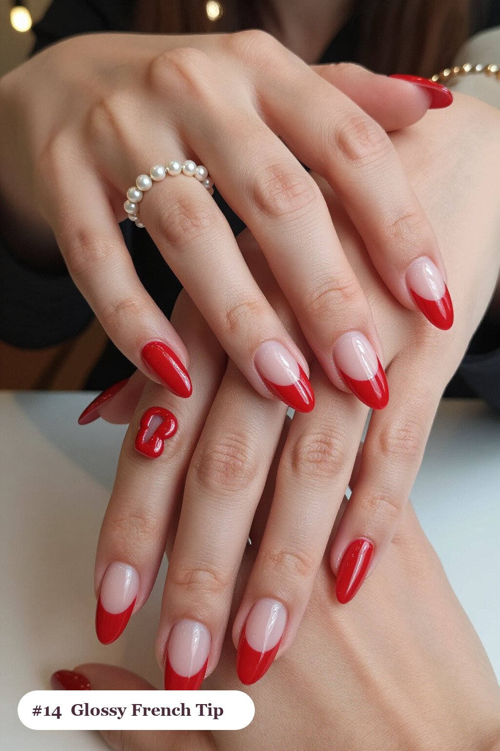 Cherry Red French Tip Almond Nails with Full‑Colour Mirror‑Gloss Finish - french tip almond nails with design