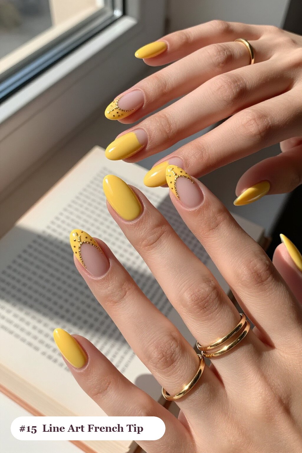 Butter Yellow French Tip Almond Nails with Gold Line Art & Tiny Dots - french tip almond nails with design