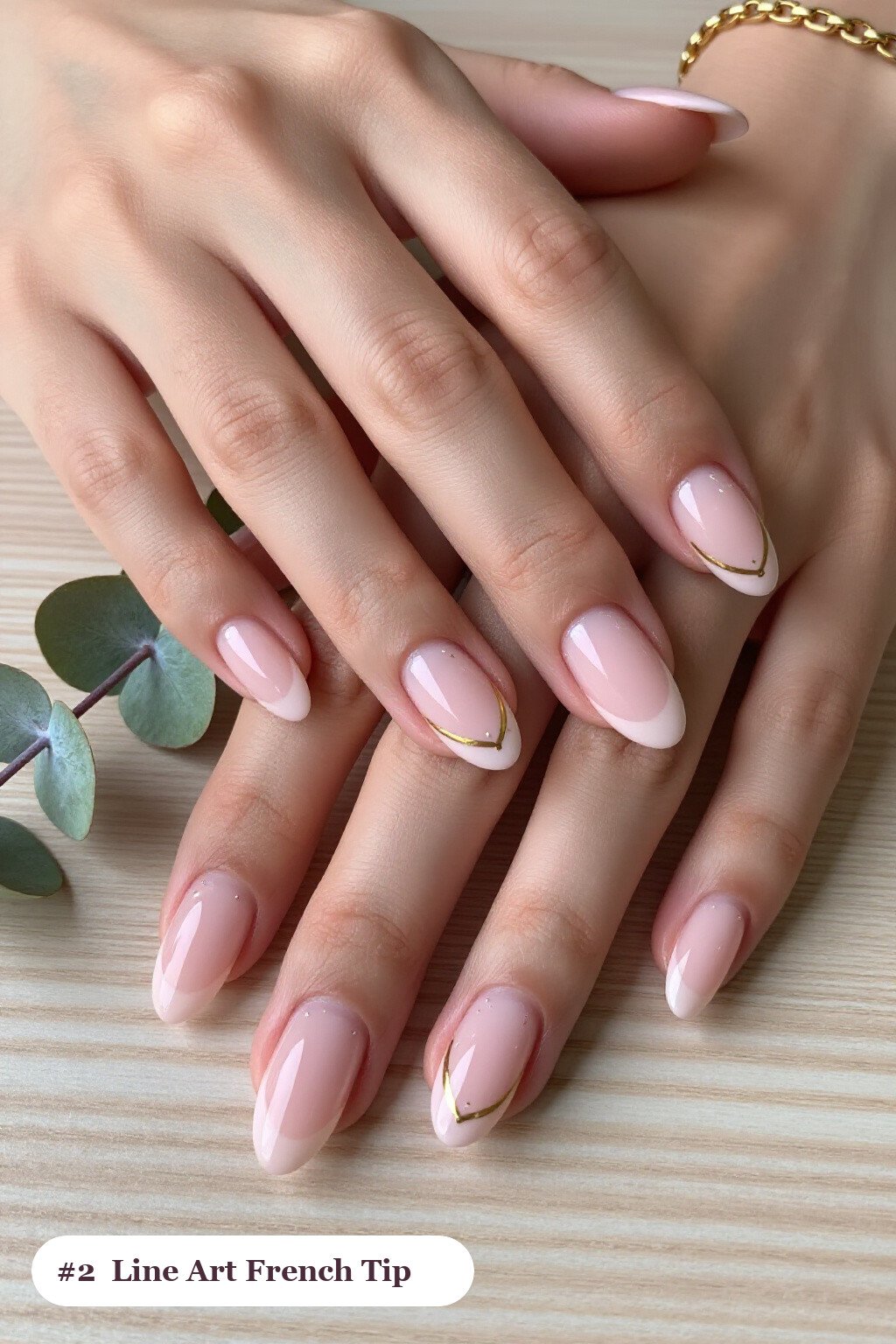 Baby Pink French Tip Almond Nails with Design, Gold Line Art & Tiny Dots - french tip almond nails with design