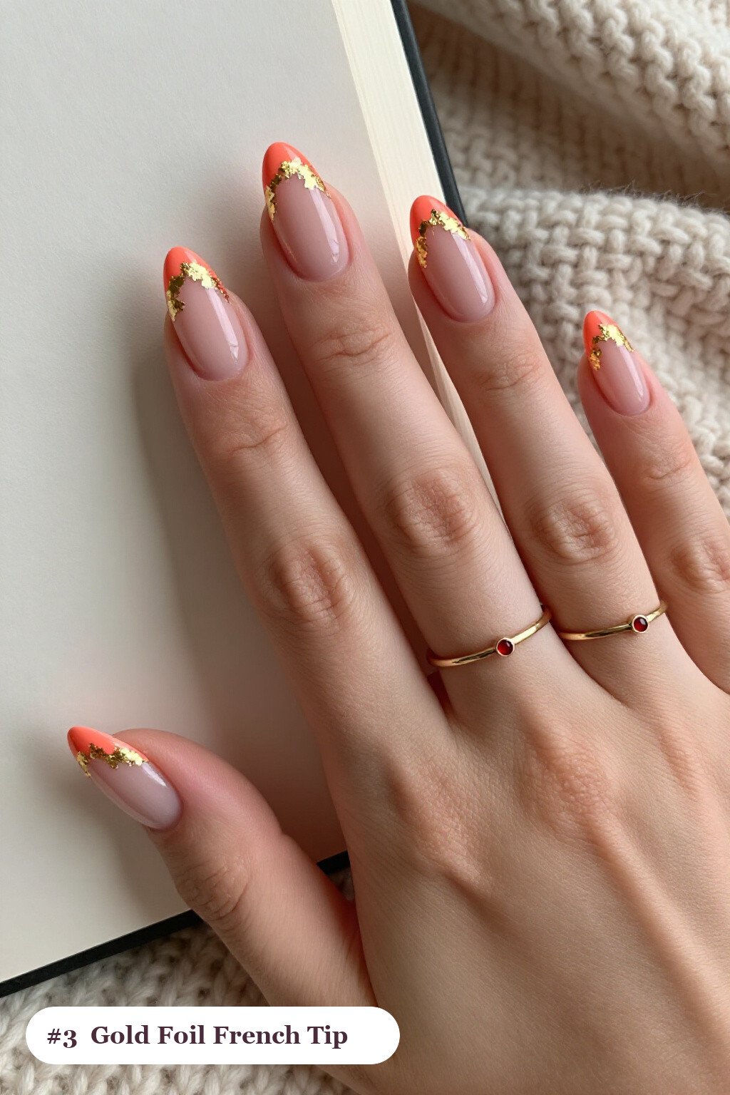 Coral French Tip Almond Nails with Design, Gold Foil Flakes & Leaf Detail - french tip almond nails with design
