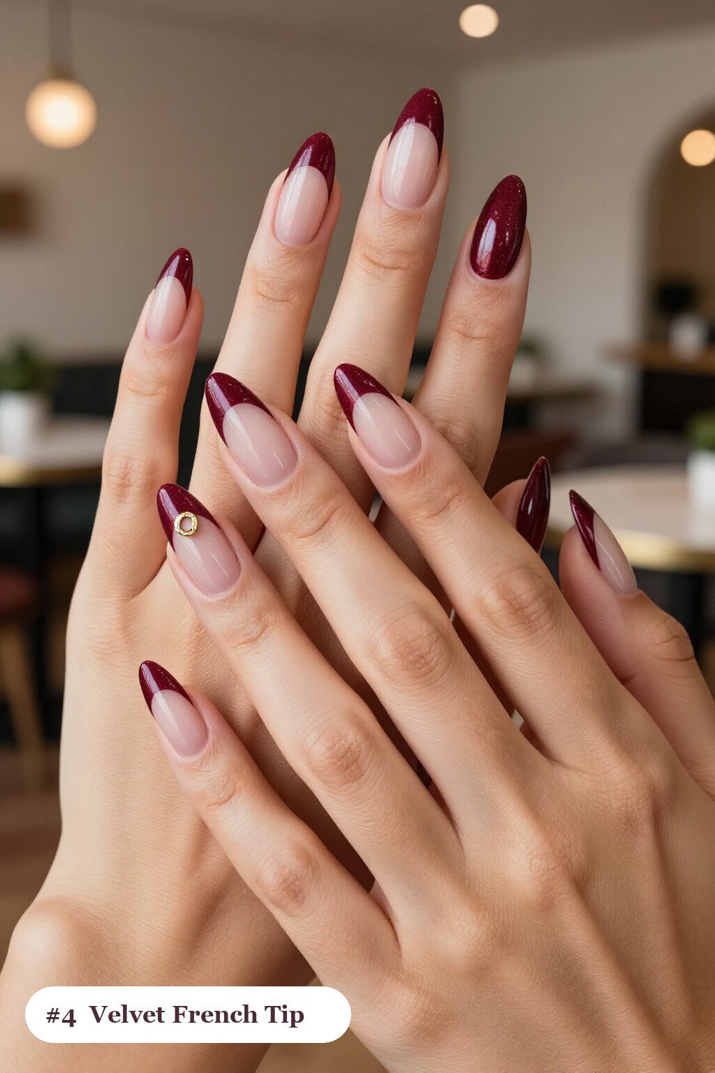 Burgundy French Tip Almond Nails with Design, Velvet Shimmer & Gold Charm Accent - french tip almond nails with design