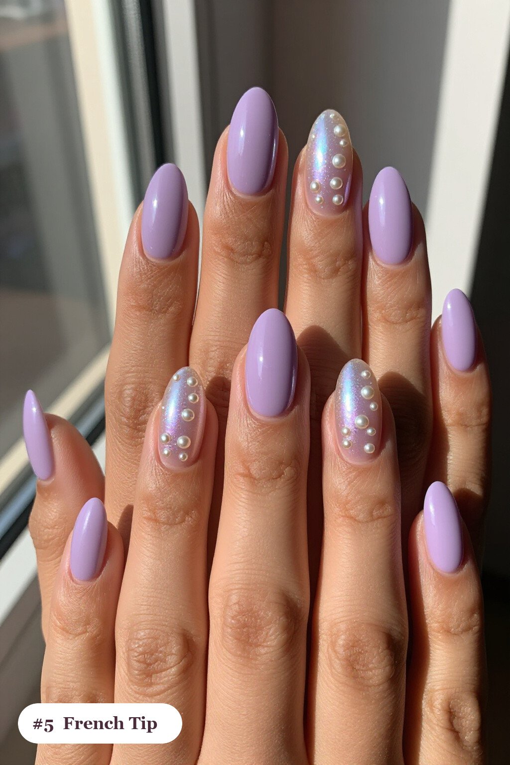 Lilac French Tip Almond Nails with Glazed Pearl Chrome Iridescent Sheen - french tip almond nails with design
