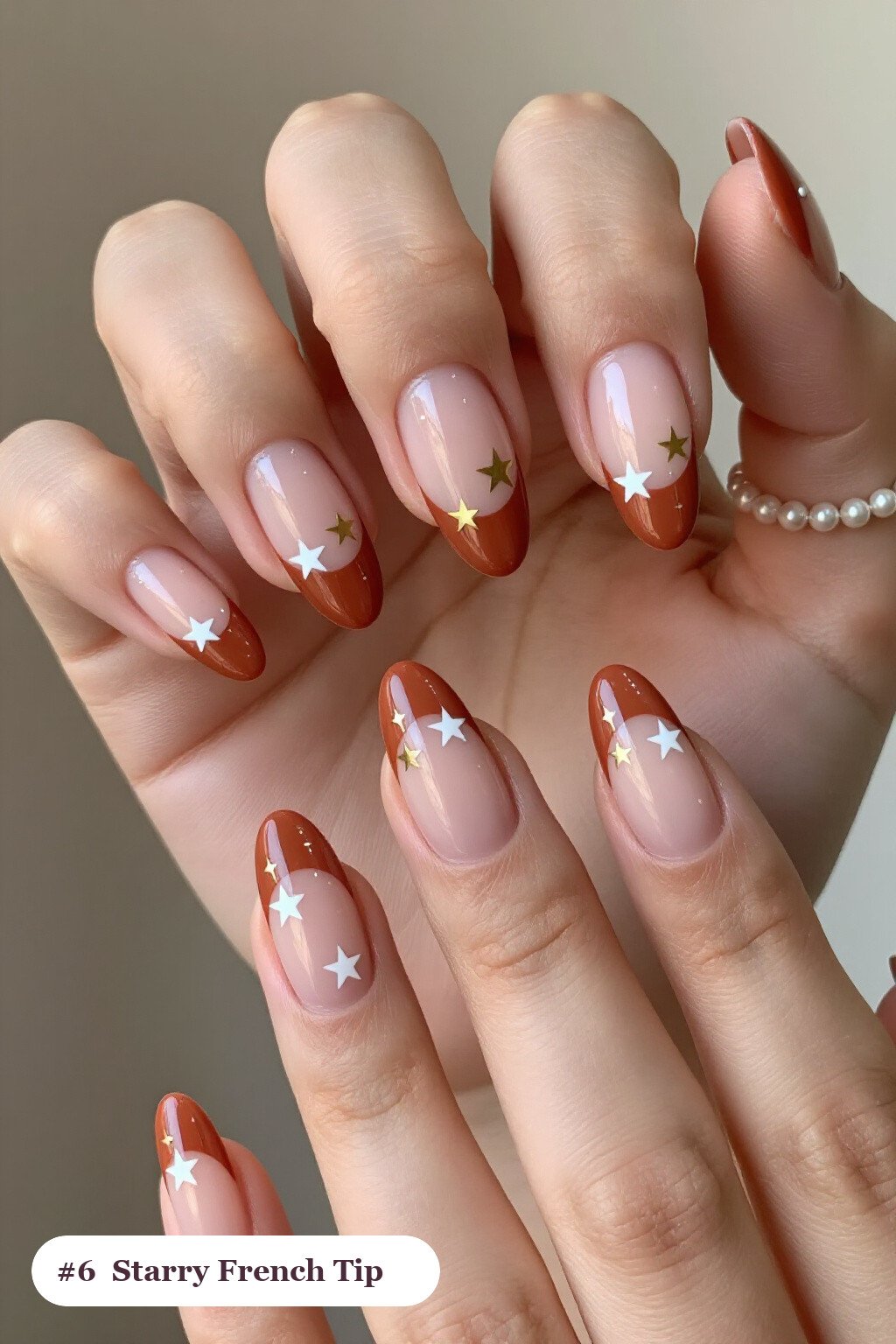 Terracotta French Tip Almond Nails with White & Gold Stars Sparkle - french tip almond nails with design