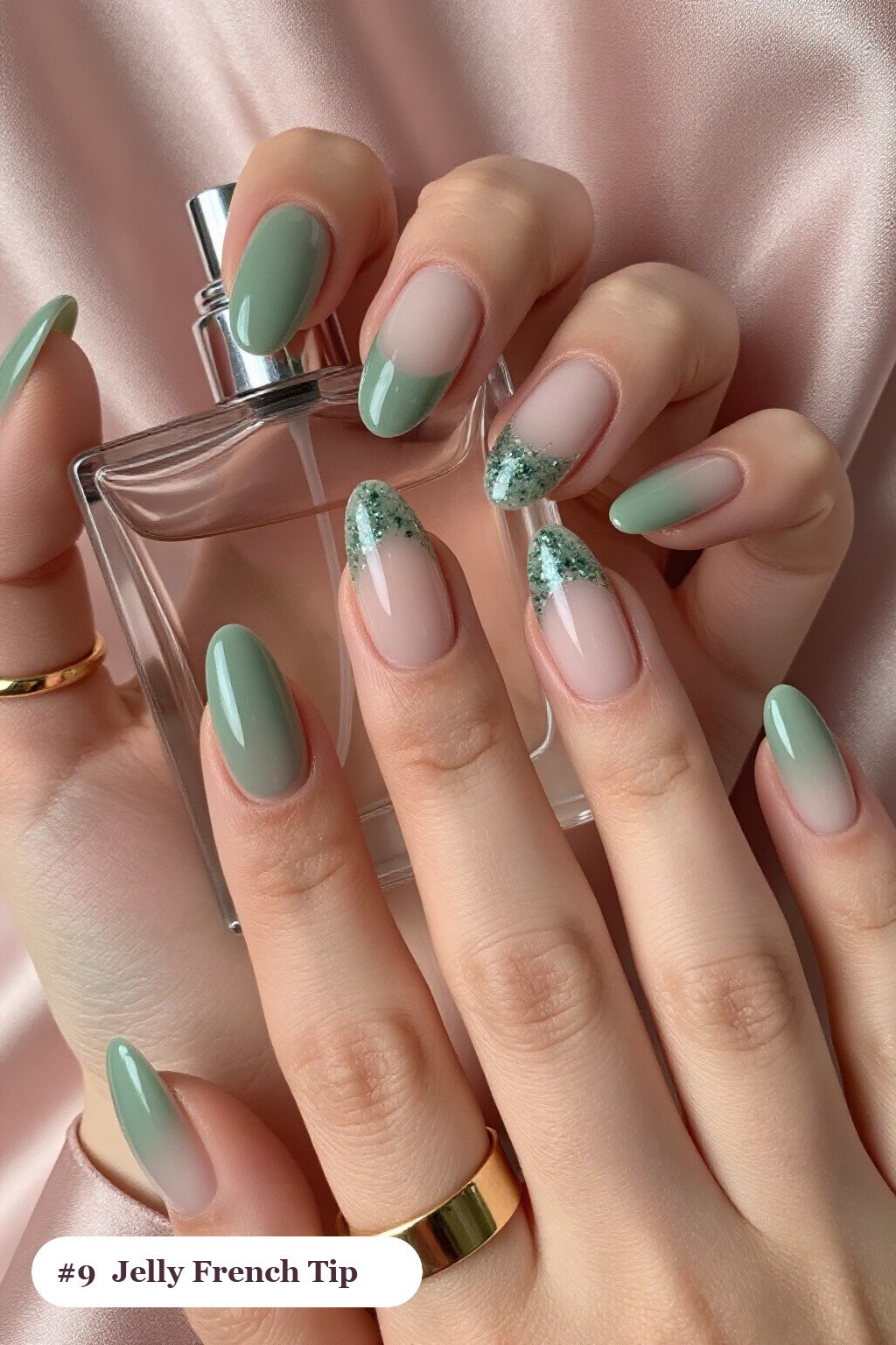 Sage Green French Tip Almond Nails with Jelly Encapsulated Glitter - french tip almond nails with design