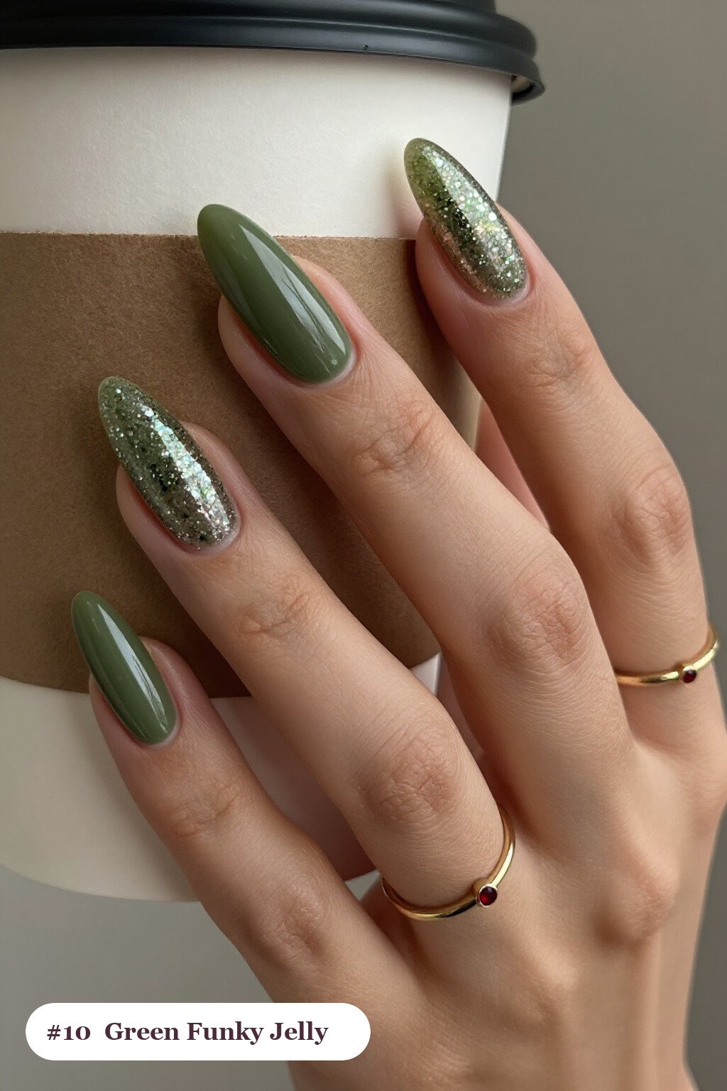 Long Ballerina Olive Green Jelly with Encapsulated Glitter – Funky Fall Nails That Shine - funky fall nails