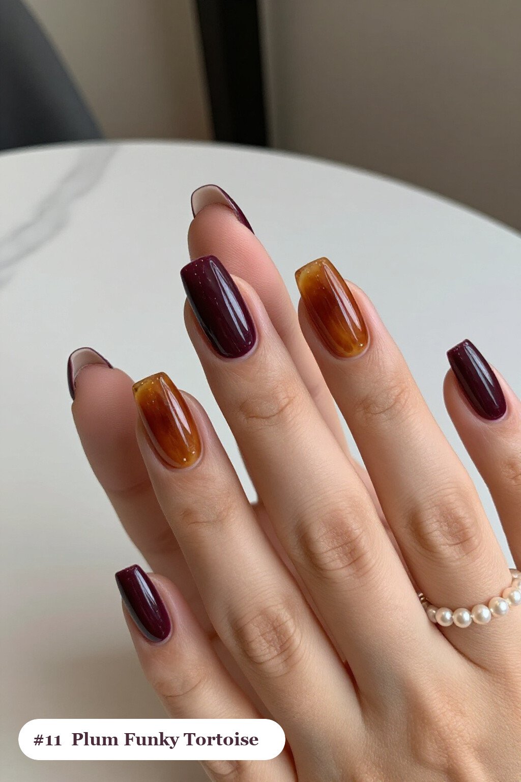 Long Square Deep Plum Nails with Amber Tortoiseshell Accents: How to Make It Last Longer - funky fall nails