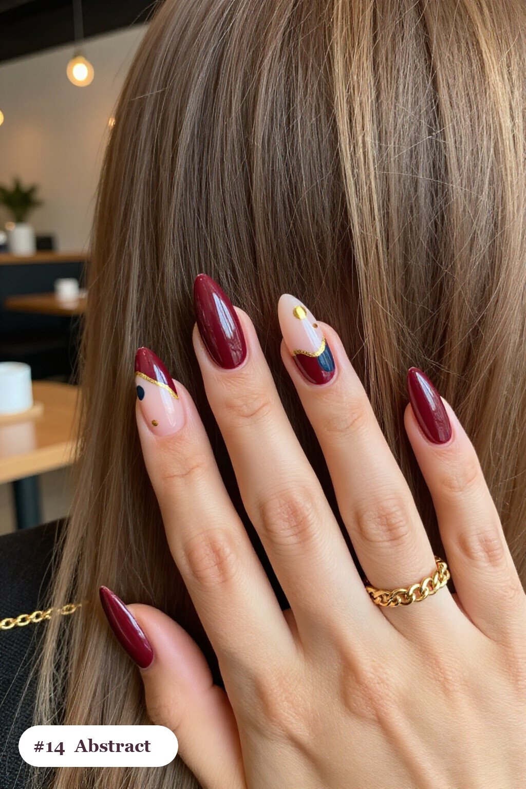 Long Stiletto Burgundy Abstract Art: Colour Blobs, Gold Outlines & Dots - funky fall nails
