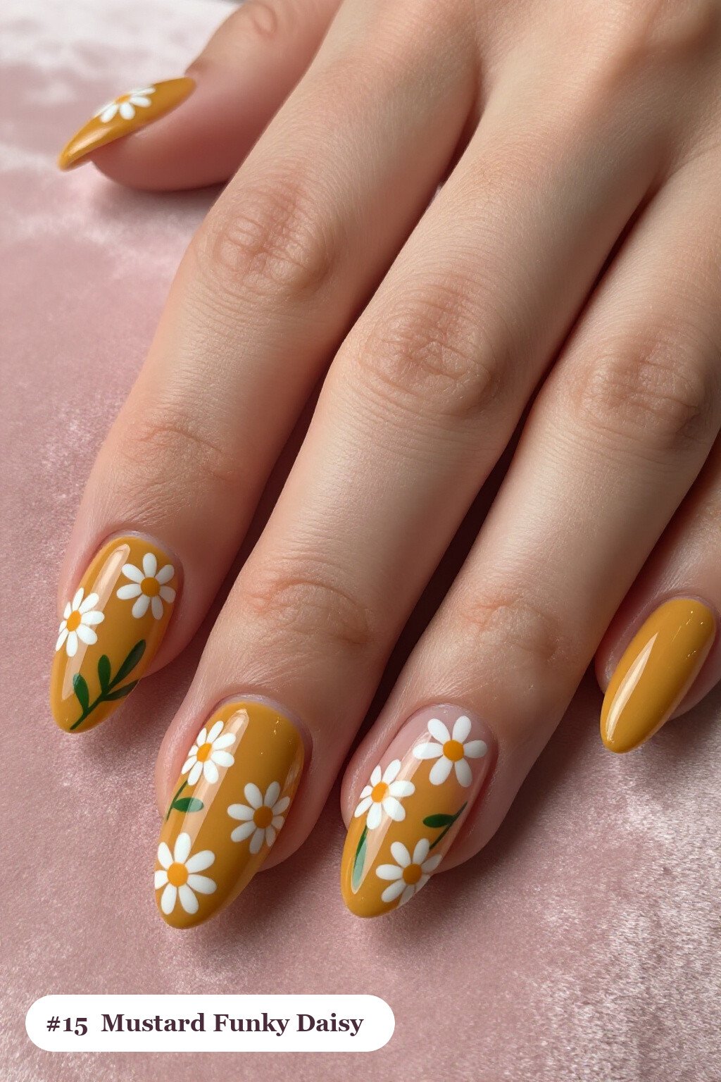 Medium Almond Mustard Hand‑Painted Daisies & Green Leaves – Creative Fall Nails - funky fall nails