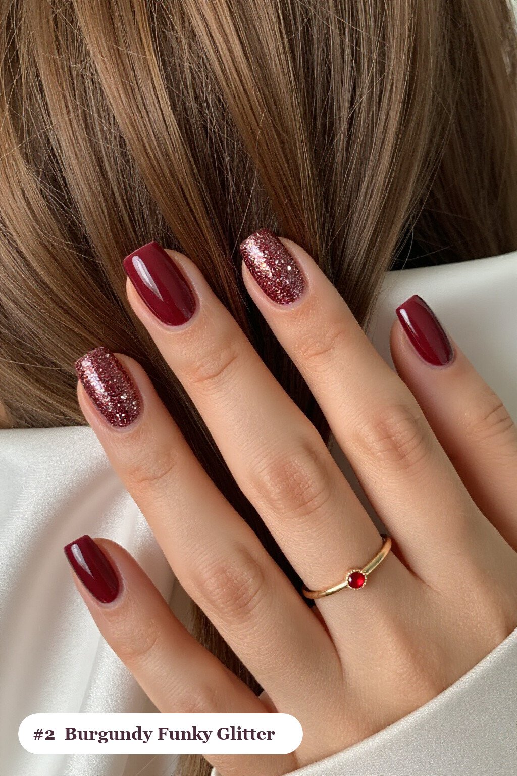 Short Square Burgundy Glitter Gradient – Funky Fall Nails with Sparkle - funky fall nails