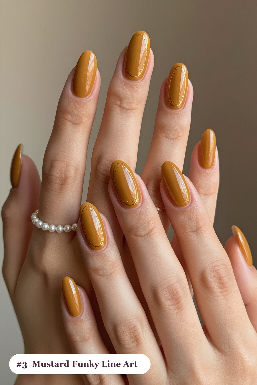Long Coffin Mustard Nails with Gold Line Art & Tiny Dots - funky fall nails