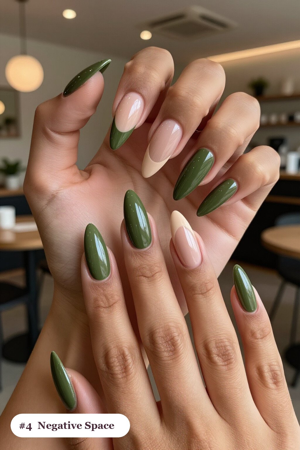 Long Stiletto Olive Green Negative‑Space with Nude Windows - funky fall nails