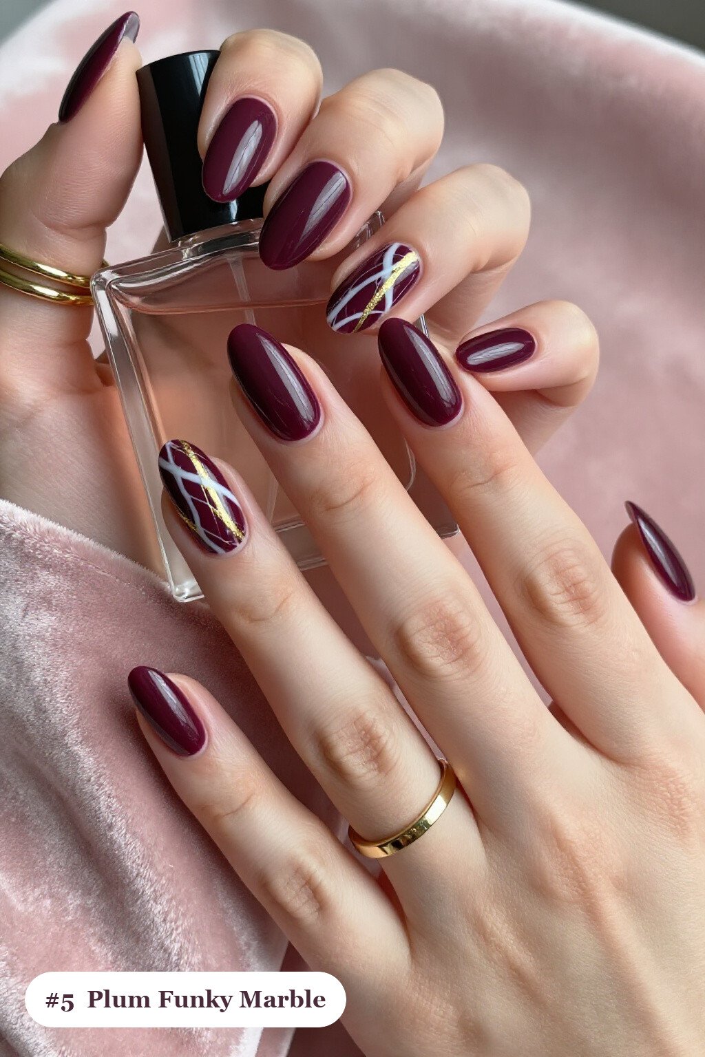 Medium Almond Deep Plum Marble Veins in White & Gold - funky fall nails