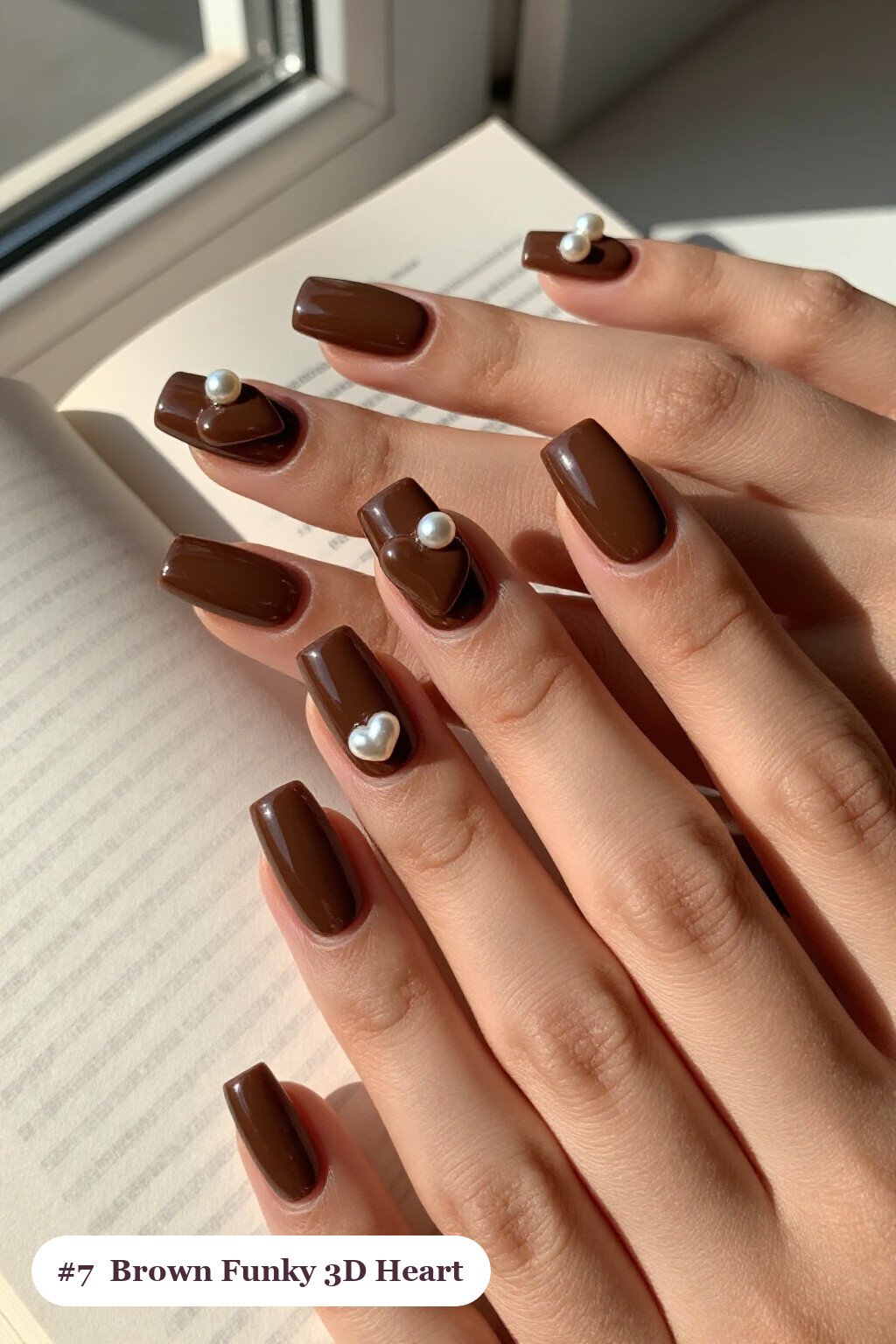 Medium Square Chocolate Brown 3D Gel Hearts & Pearls – Funky Fall Nails with Texture - funky fall nails