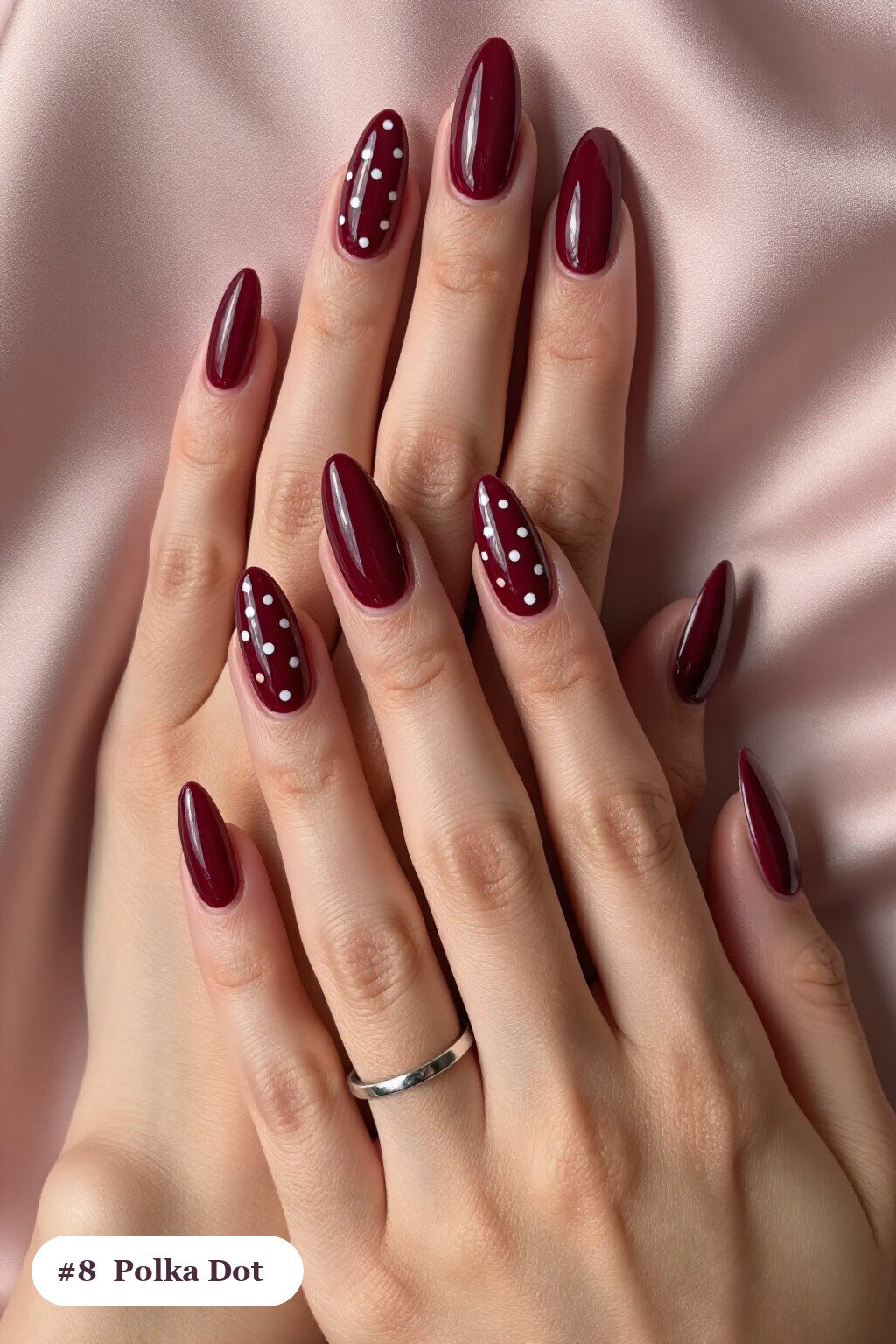 Long Almond Burgundy Polka‑Dot Duo on Alternating Nails - funky fall nails
