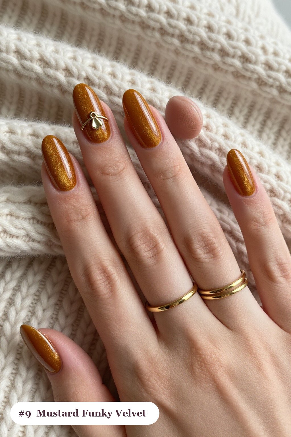 Medium Coffin Mustard Velvet Shimmer with Gold Charm Accent - funky fall nails