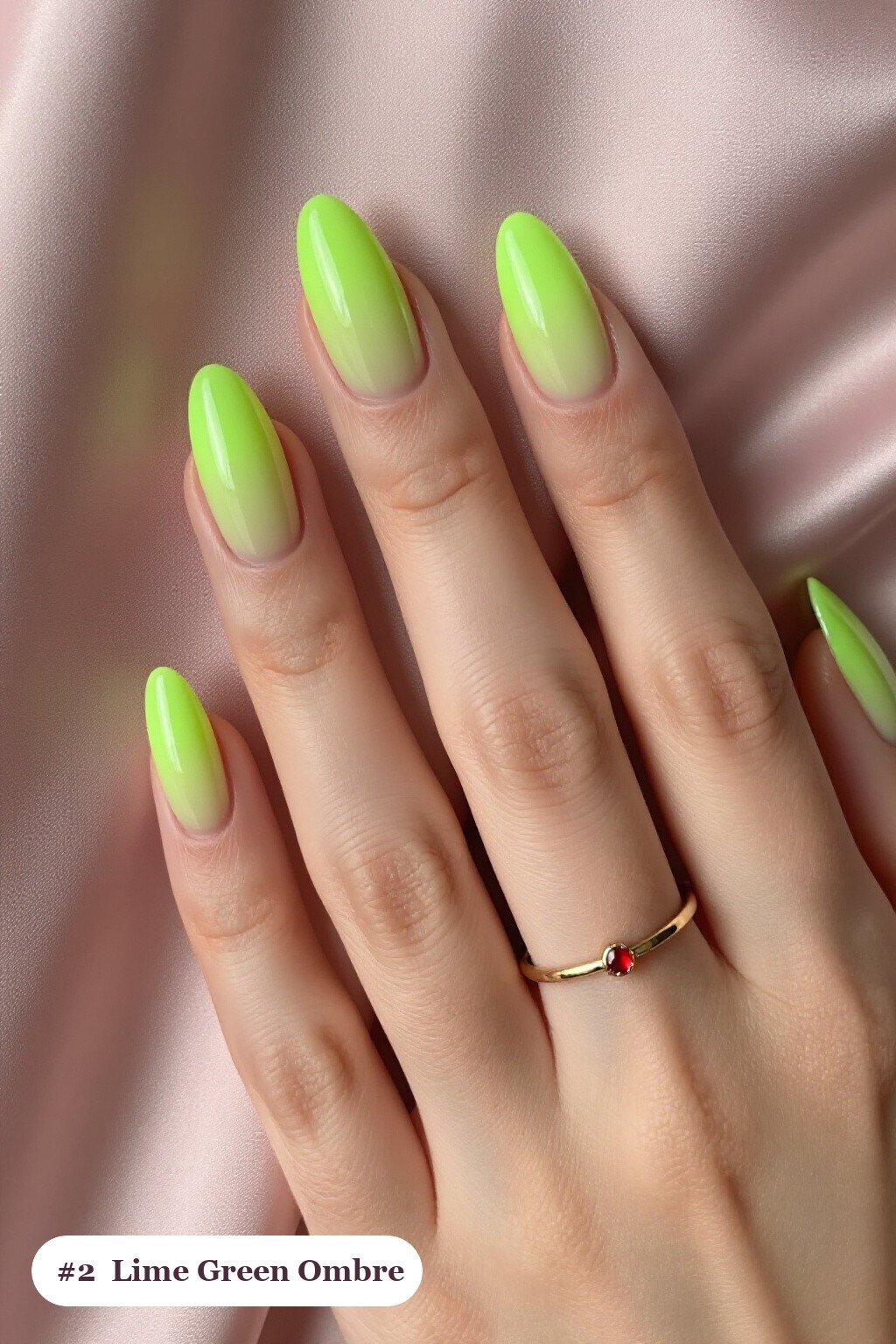 Medium almond lime green nails with a vivid two-colour ombre melting from the cuticle to the tips, perfect for halloween - halloween almond nails