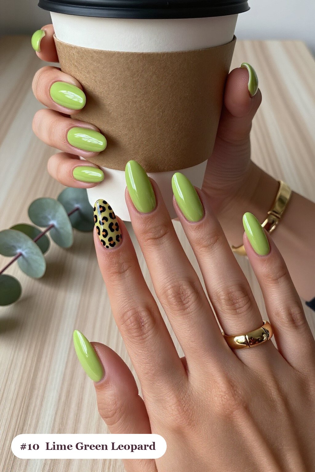 Long coffin lime green nails with a leopard print pattern on two accent nails and solid colour on the rest, perfect for halloween - halloween nails