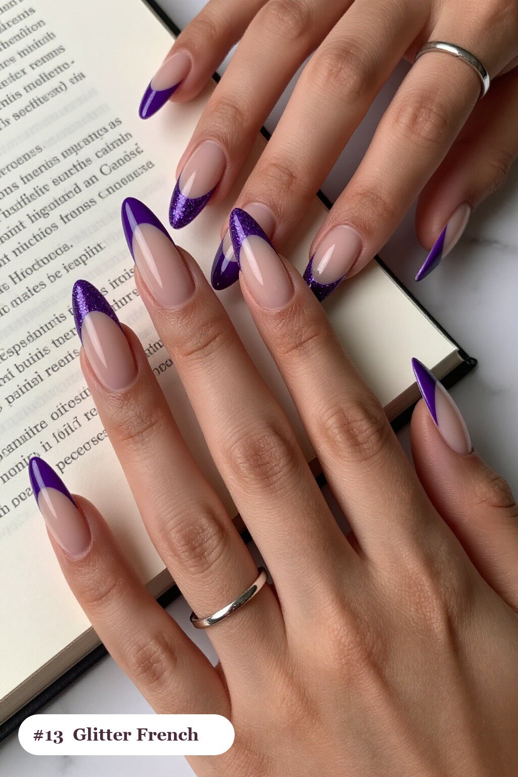 Deep Purple Long Coffin French Tips Packed with Glitter Over Nude Base - halloween nails 2026 trends