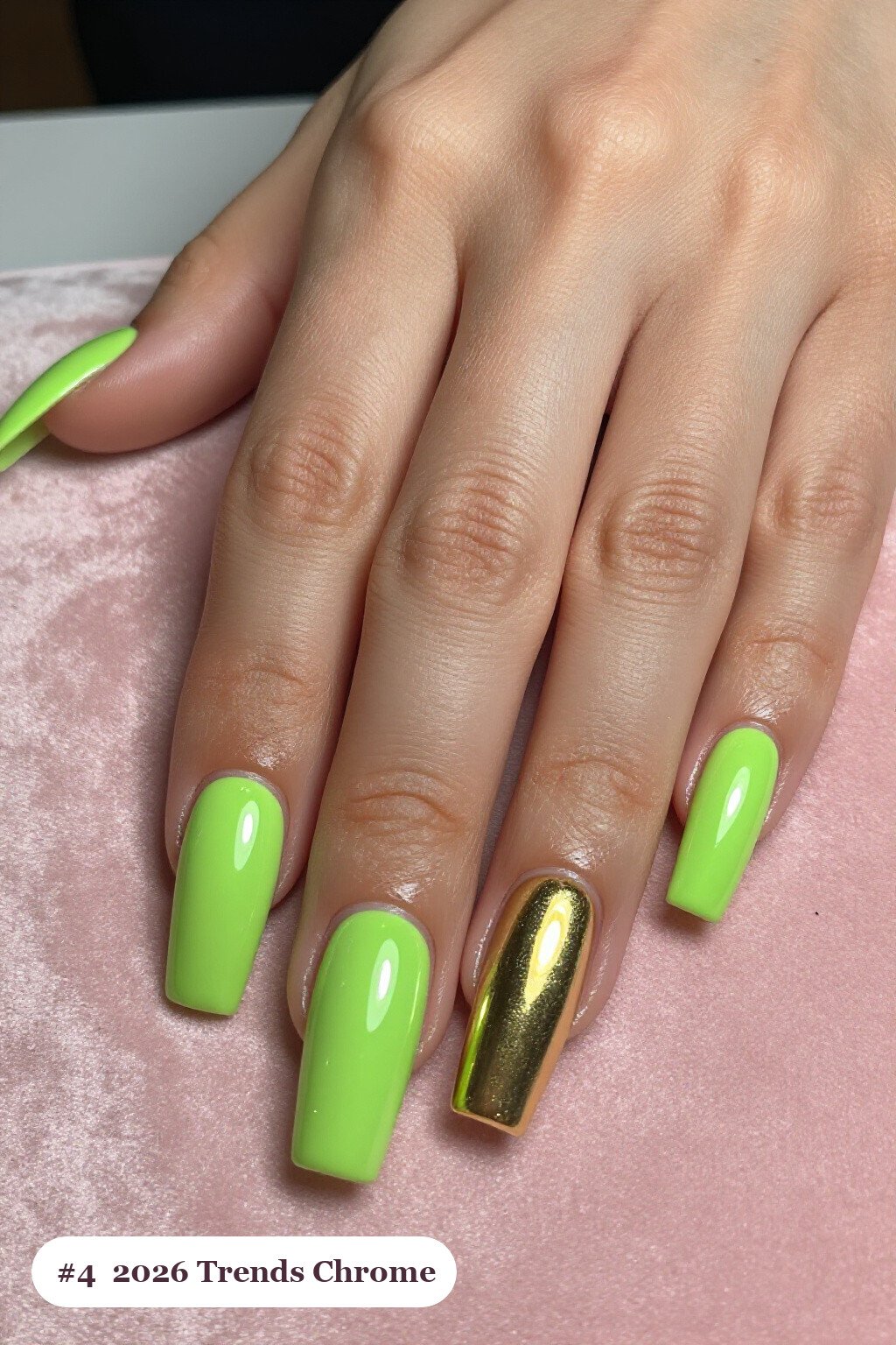Lime‑Green Long Squares Shimmering with Liquid Chrome Mirror - halloween nails 2026 trends