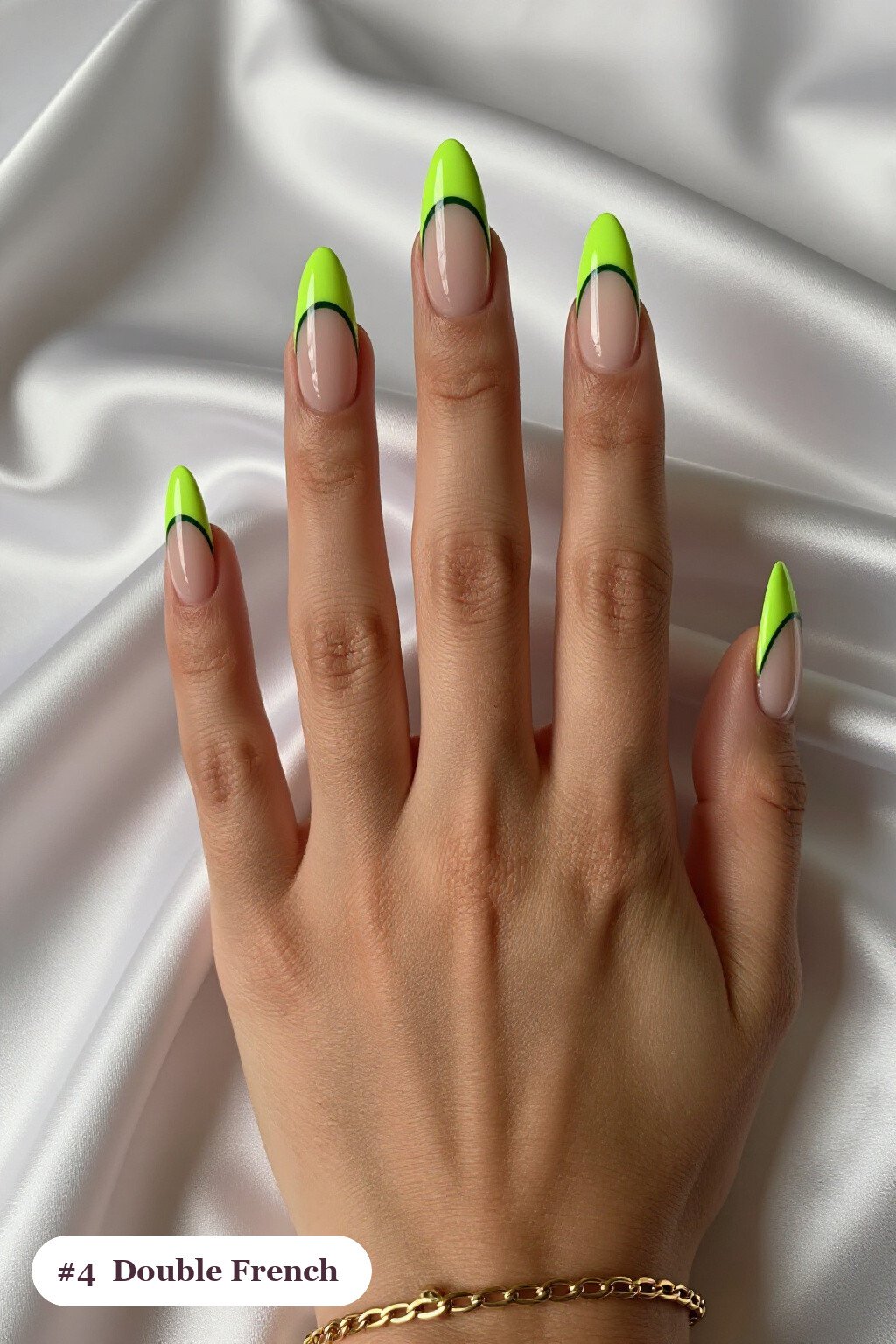 Long ballerina lime green nails with double-line french tips in two colours, perfect for halloween - halloween nails