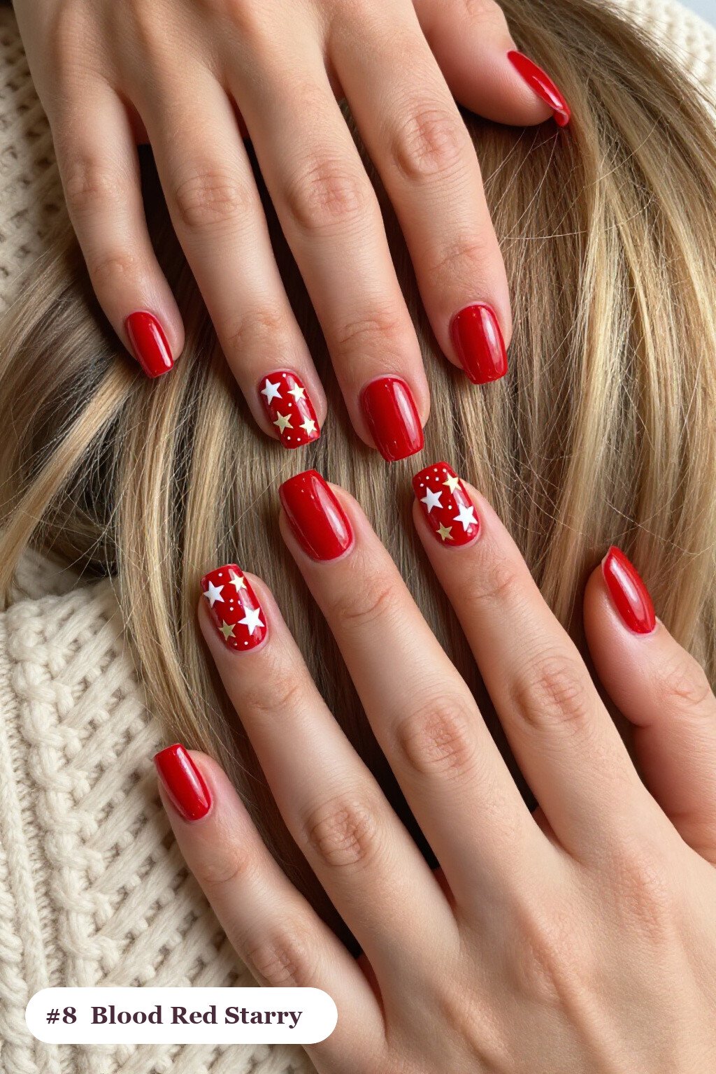 Medium square blood red nails with white and gold stars and sparkles painted on every nail, perfect for halloween - halloween nails