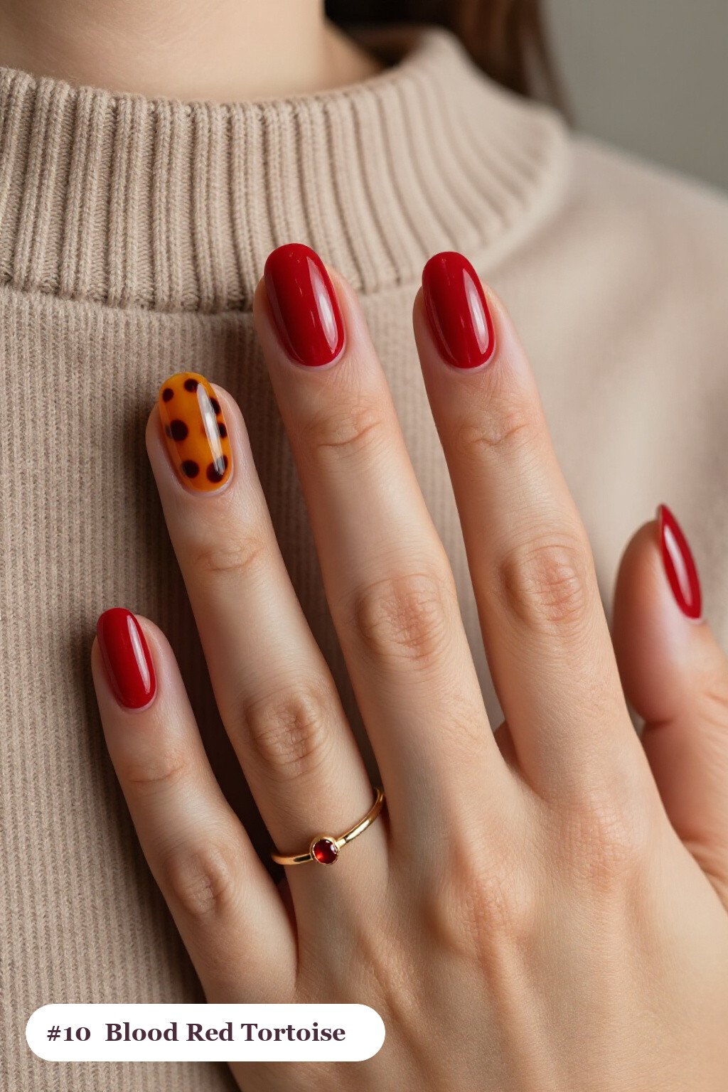 Medium Oval Blood Red Nails with Glossy Amber Tortoiseshell Accents - halloween nails designs