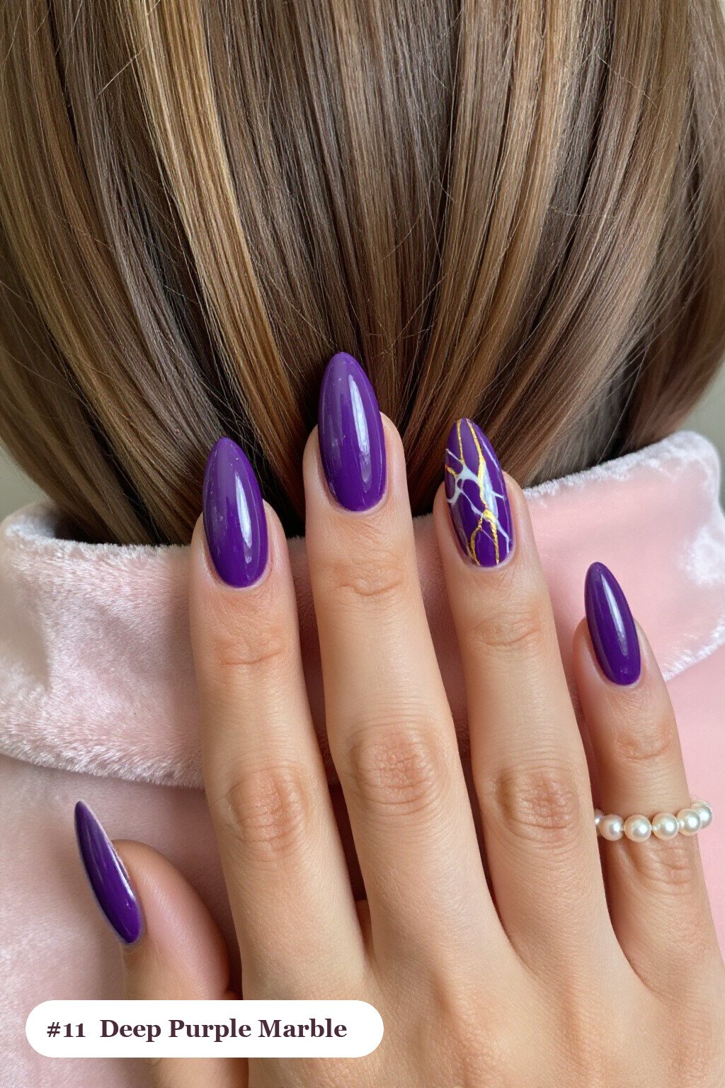 Long Almond Deep Purple Nails with Bold White‑Gold Marble Veins - halloween nails designs