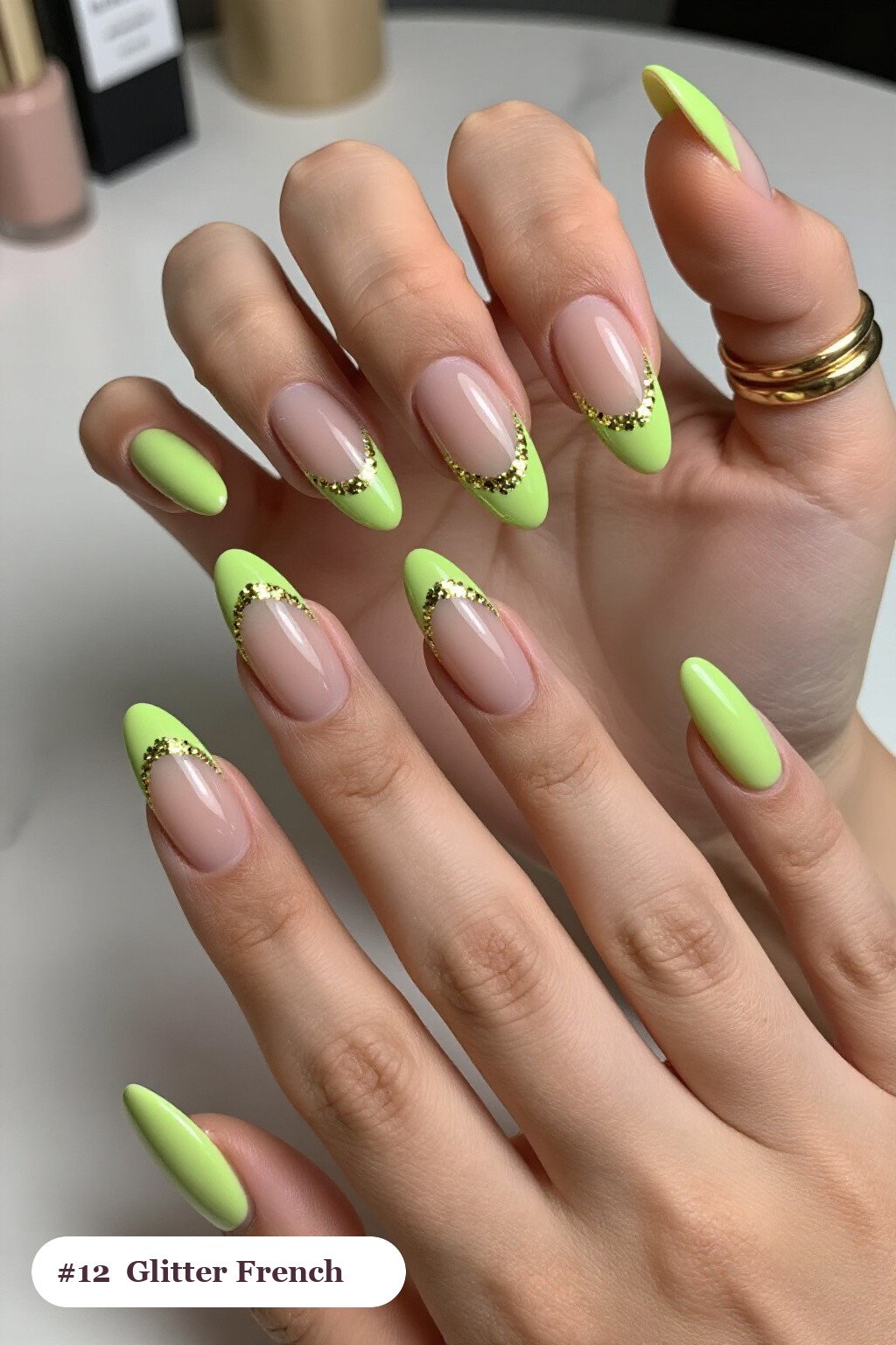 Long Ballerina Lime Green Nails with Glitter‑Packed French Tips on Nude Base - halloween nails designs