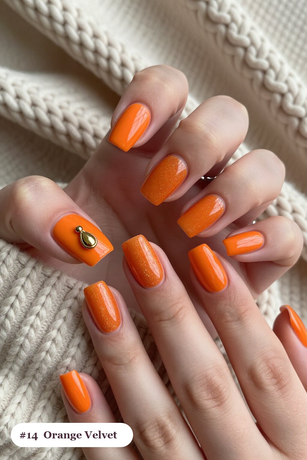 Medium Square Orange Nails in Velvet Shimmer, One Glossy Accent with Gold Charm - halloween nails designs
