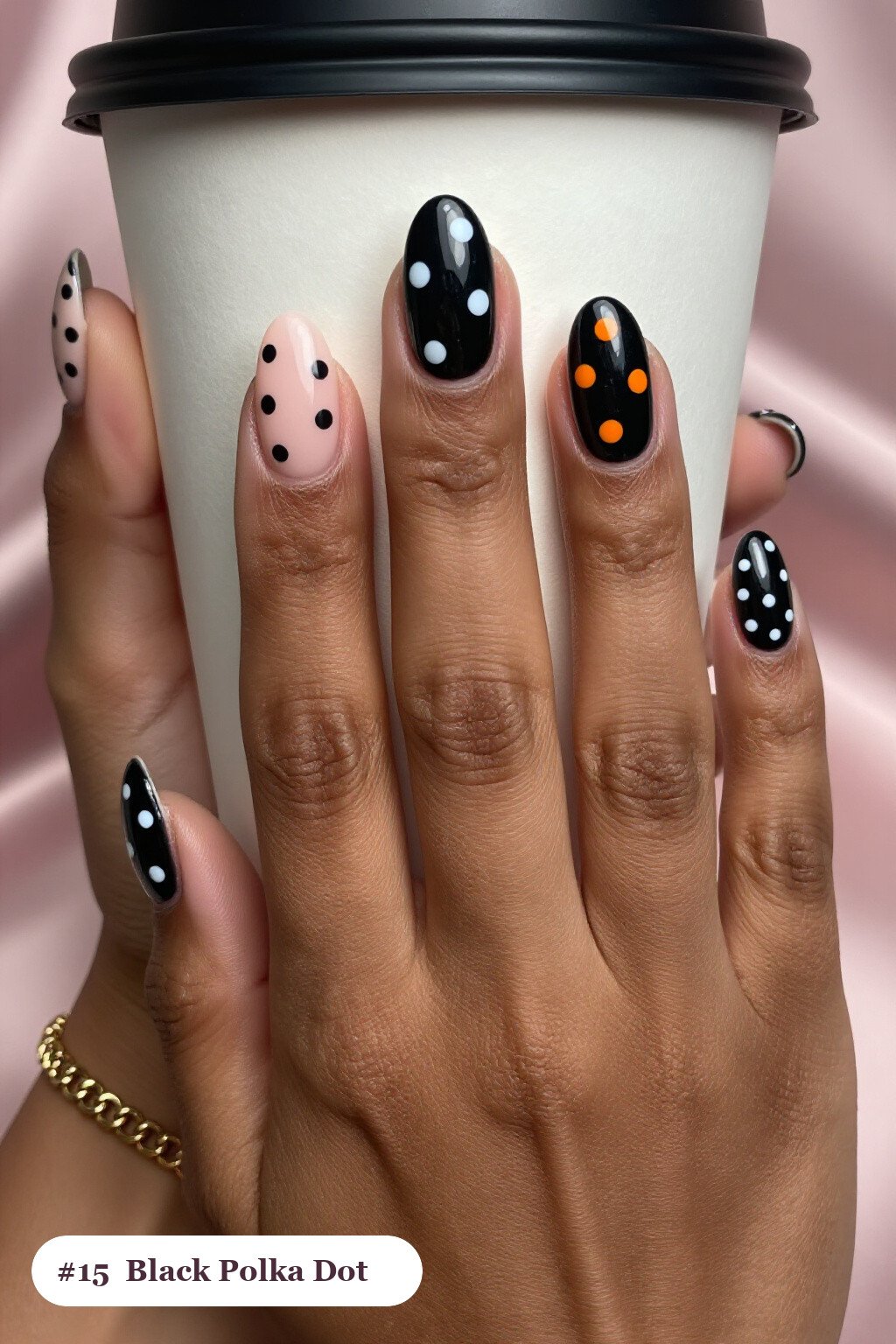 Medium Coffin Black Nails with Playful Two‑Colour Polka Dots on Alternating Nails - halloween nails designs