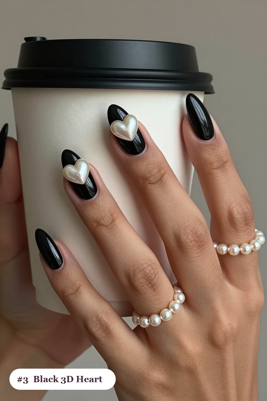 Medium Square Black Nails with 3D Gel Hearts and Pearls - halloween nails designs