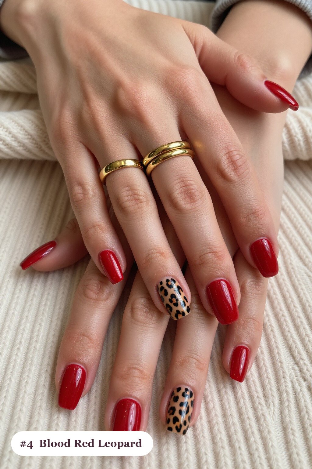Medium Square Blood Red Nails with Leopard Print Accents - halloween nails designs