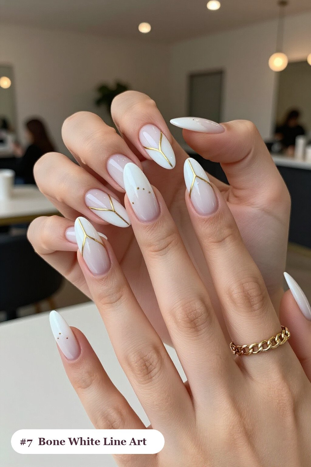 Long Coffin Bone White Nails with Fine Gold Line Art and Dots - halloween nails designs