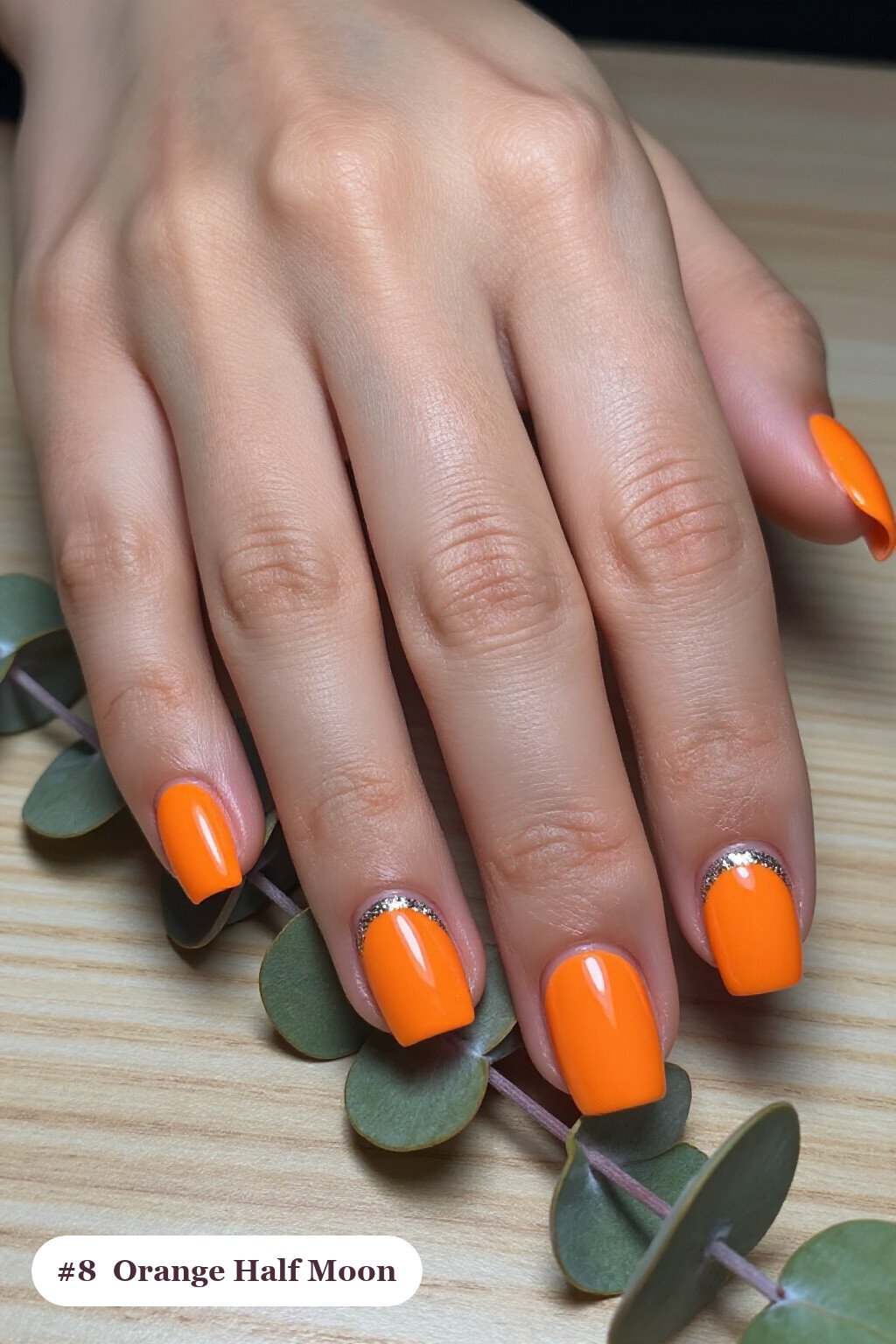 Short Square Orange Nails with Half‑Moon Glitter Crescent: On Short Nails - halloween nails designs