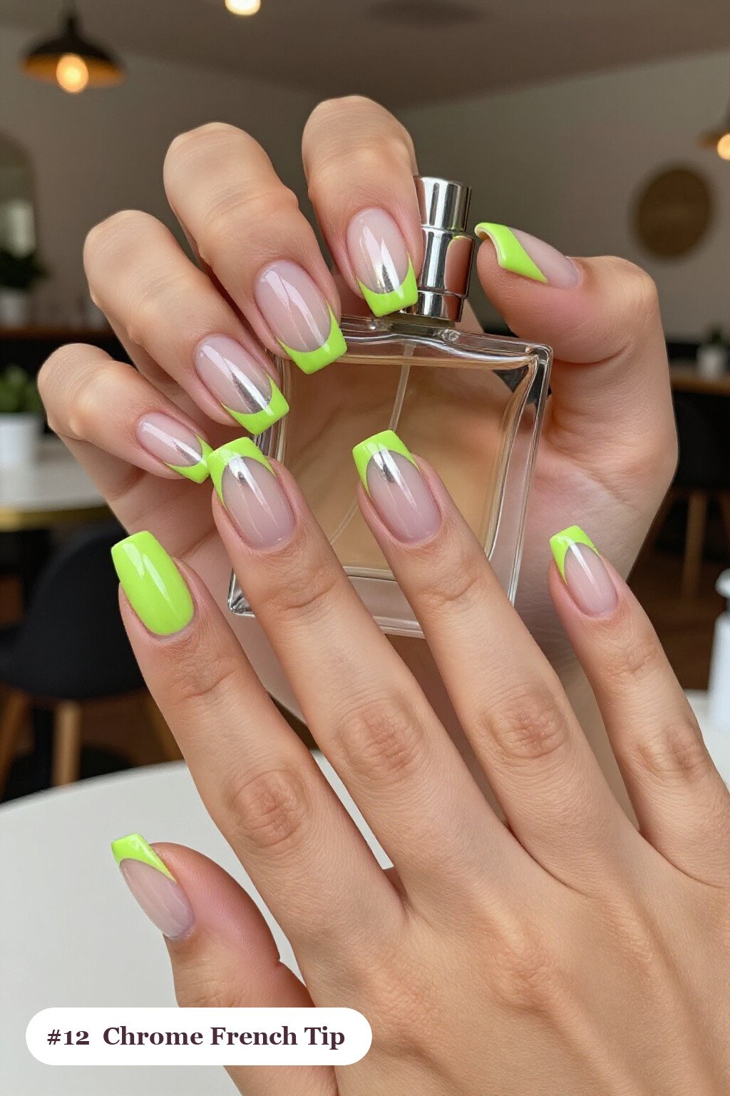Lime Green Medium Square French Tips with Liquid Chrome Mirror Finish - halloween nails french tip