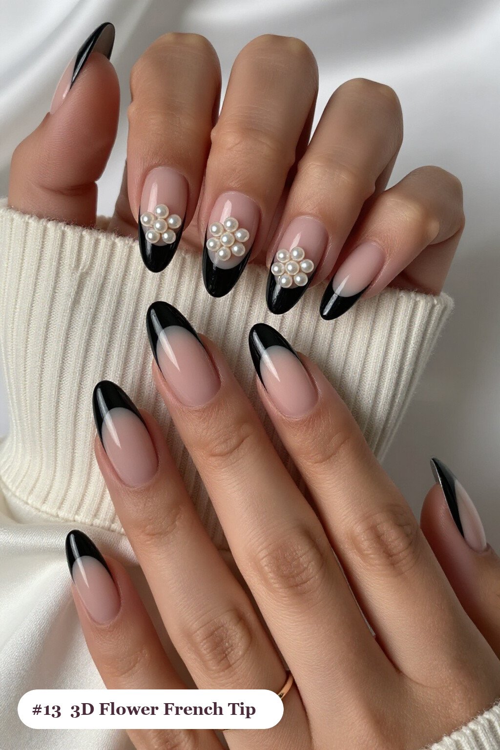 Black Long Ballerina French Tips Decorated with 3D Pearl‑Center Flowers - halloween nails french tip
