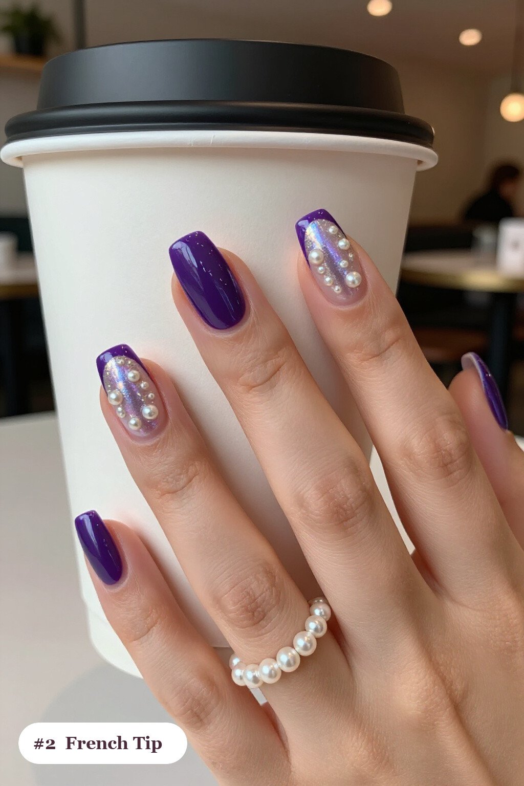 Deep Purple Medium Square French Tips with Iridescent Pearl Chrome - halloween nails french tip