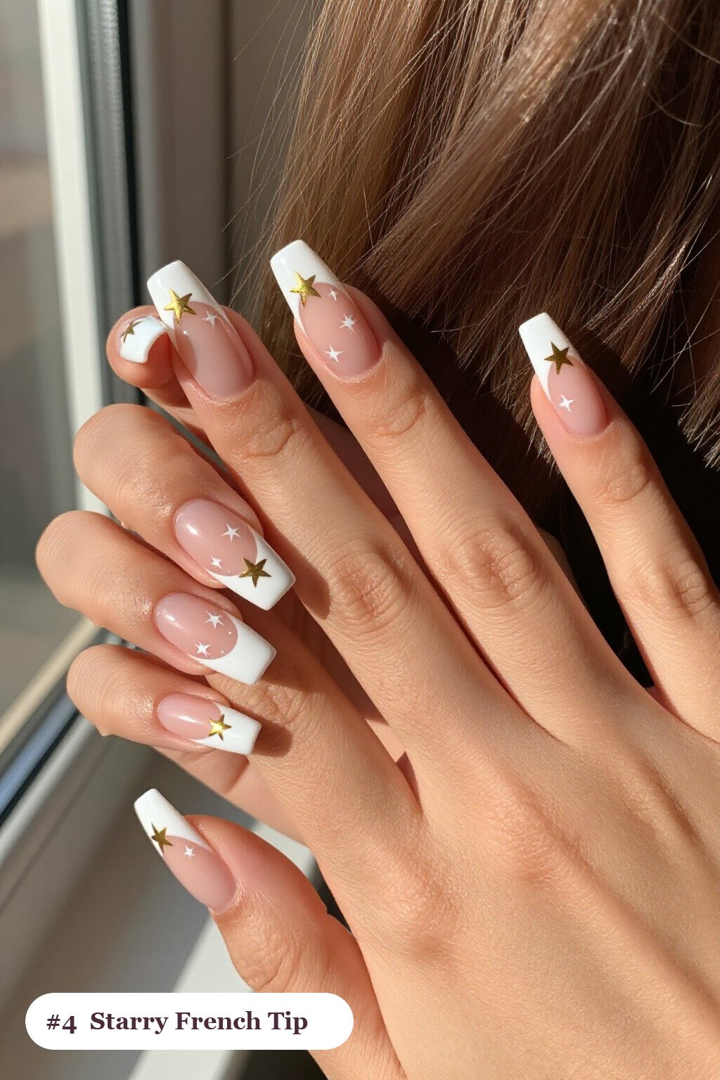 Bone White Long Square French Tips Adorned with Gold Stars and Sparkles - halloween nails french tip