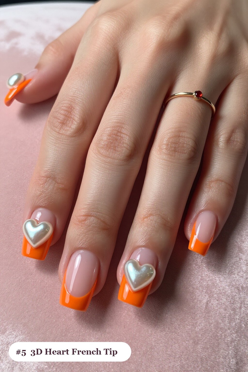 Playful Orange Short Square French Tips with 3D Gel Hearts and Pearls - halloween nails french tip