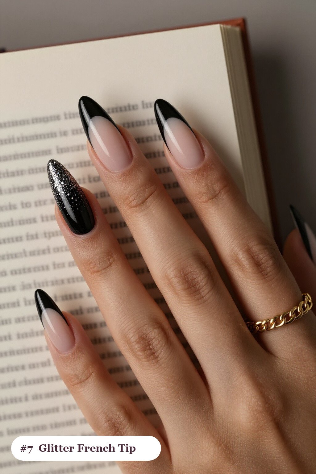 Halloween Nails French Tip: Long Almond Black with Glitter Gradient from Cuticle - halloween nails french tip