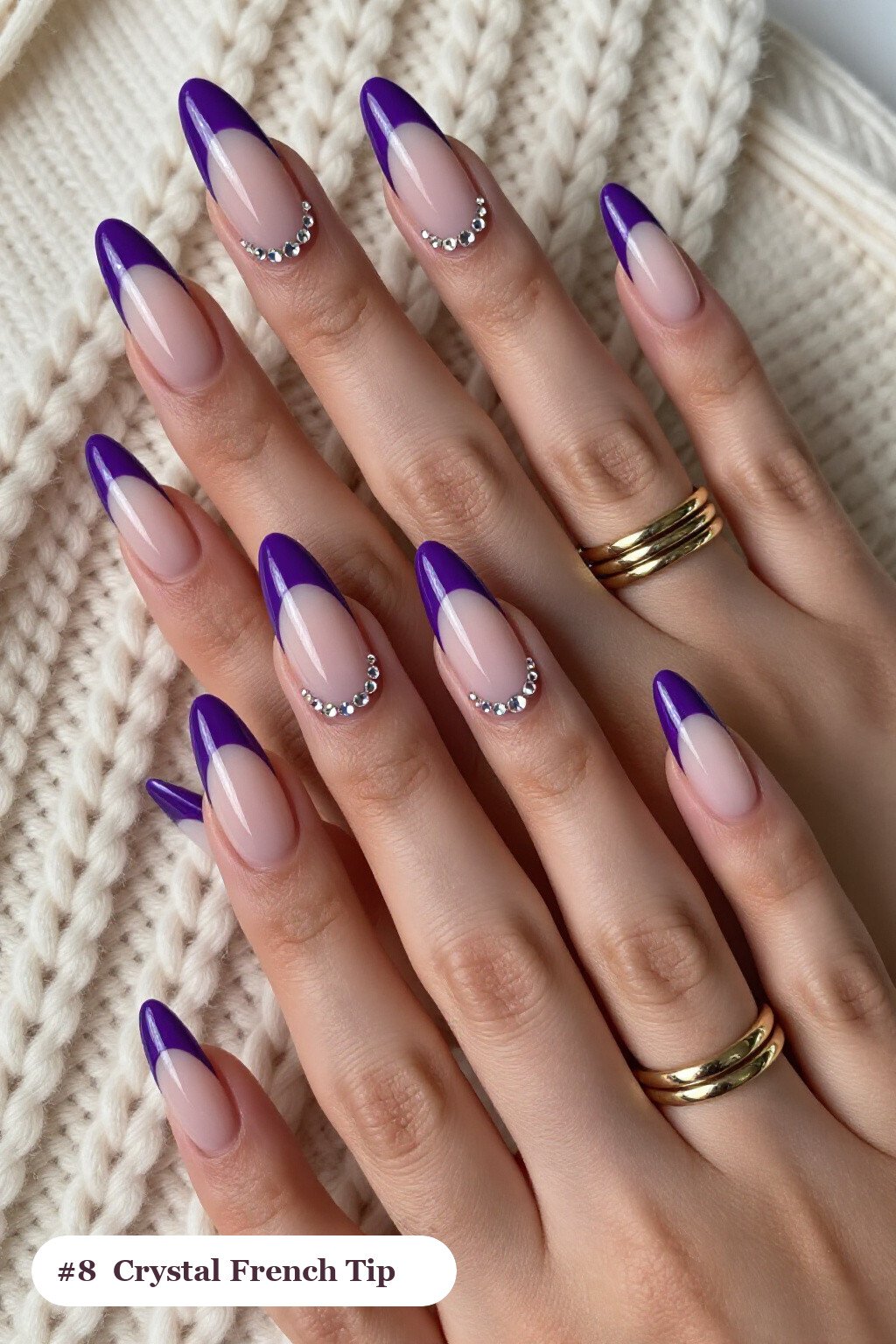 Deep Purple Long Coffin French Tips Embellished with Crystal Rhinestone Rows - halloween nails french tip