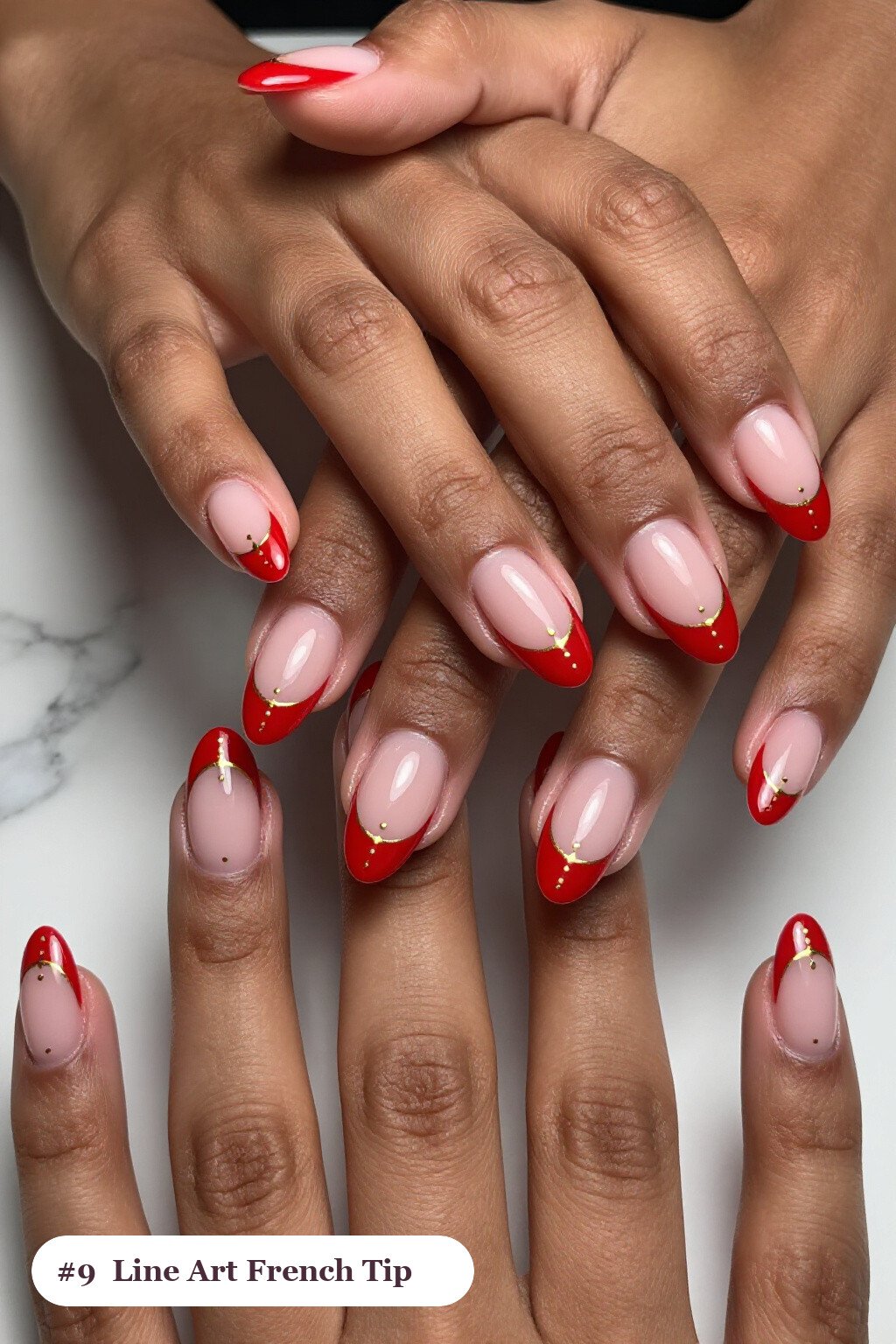 Blood Red Medium Coffin French Tips Featuring Delicate Gold Line Art - halloween nails french tip