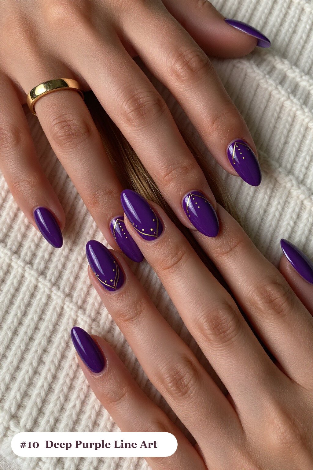 Deep Purple Almond Nails Detailed with Fine Gold Line Art and Dots - halloween nails short