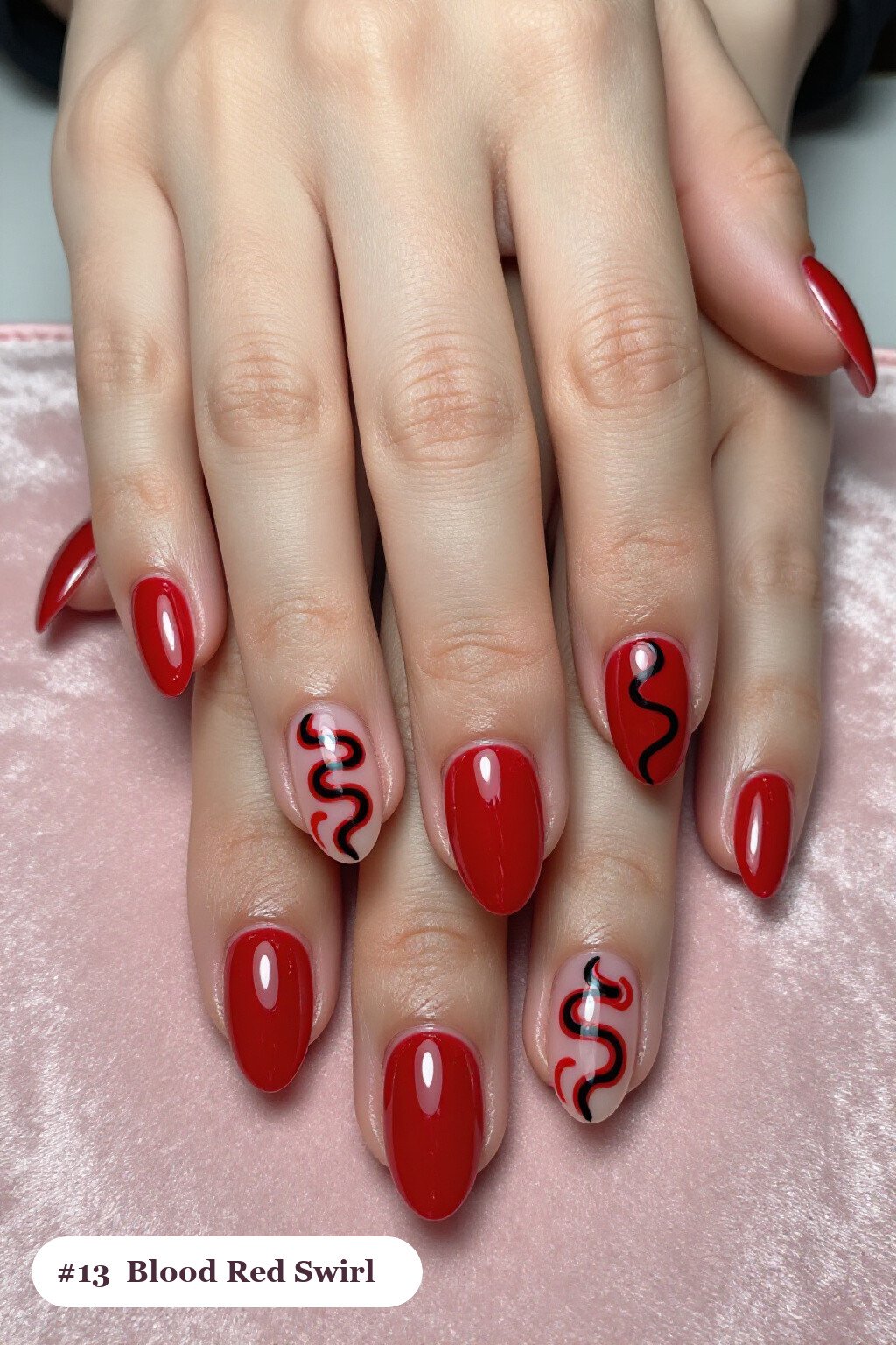 Blood Red Almond Nails Hand‑Painted with Contrasting Swirl Lines - halloween nails short