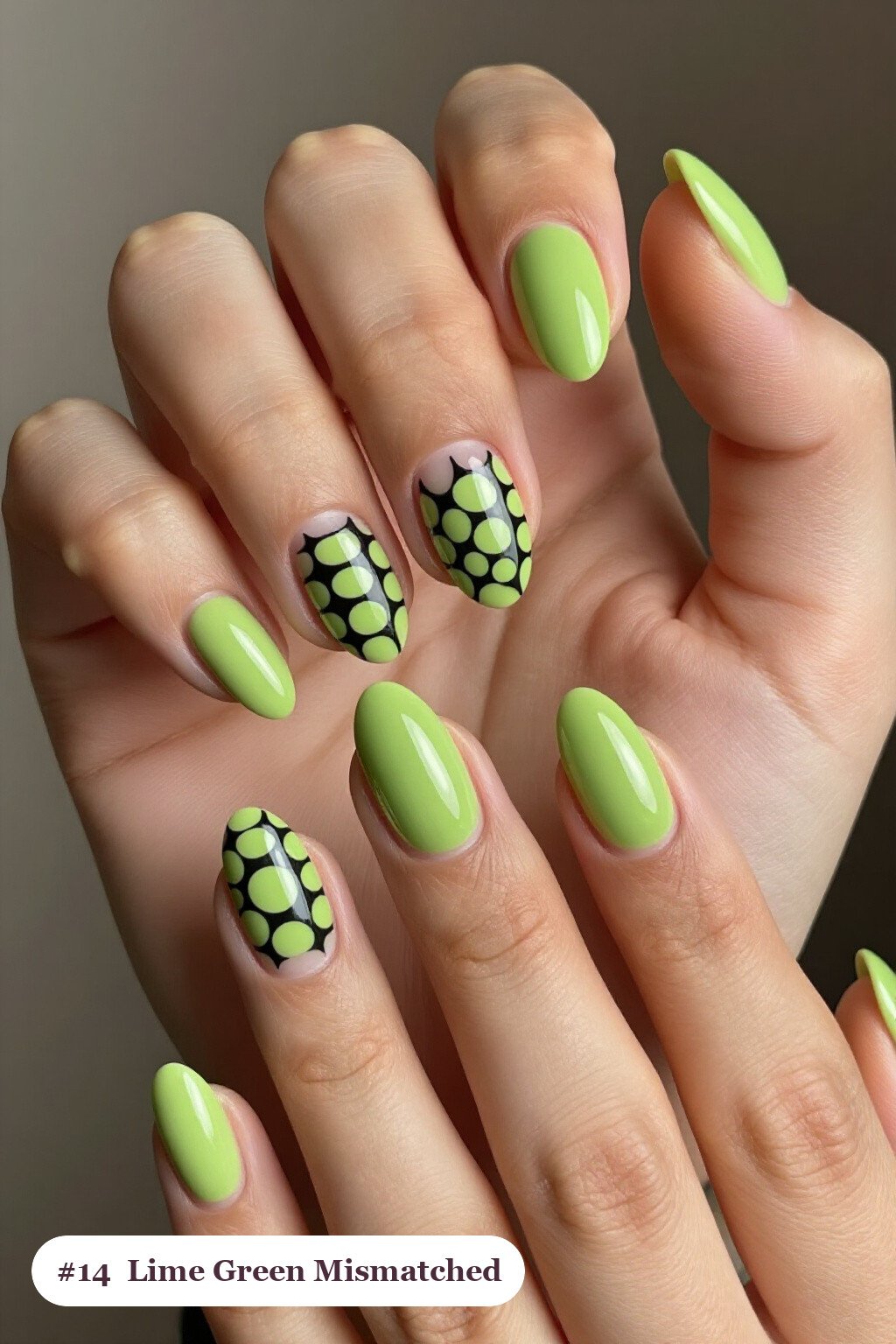Mismatched Lime Green Almond Nails, Each Nail a Unique Pattern - halloween nails short