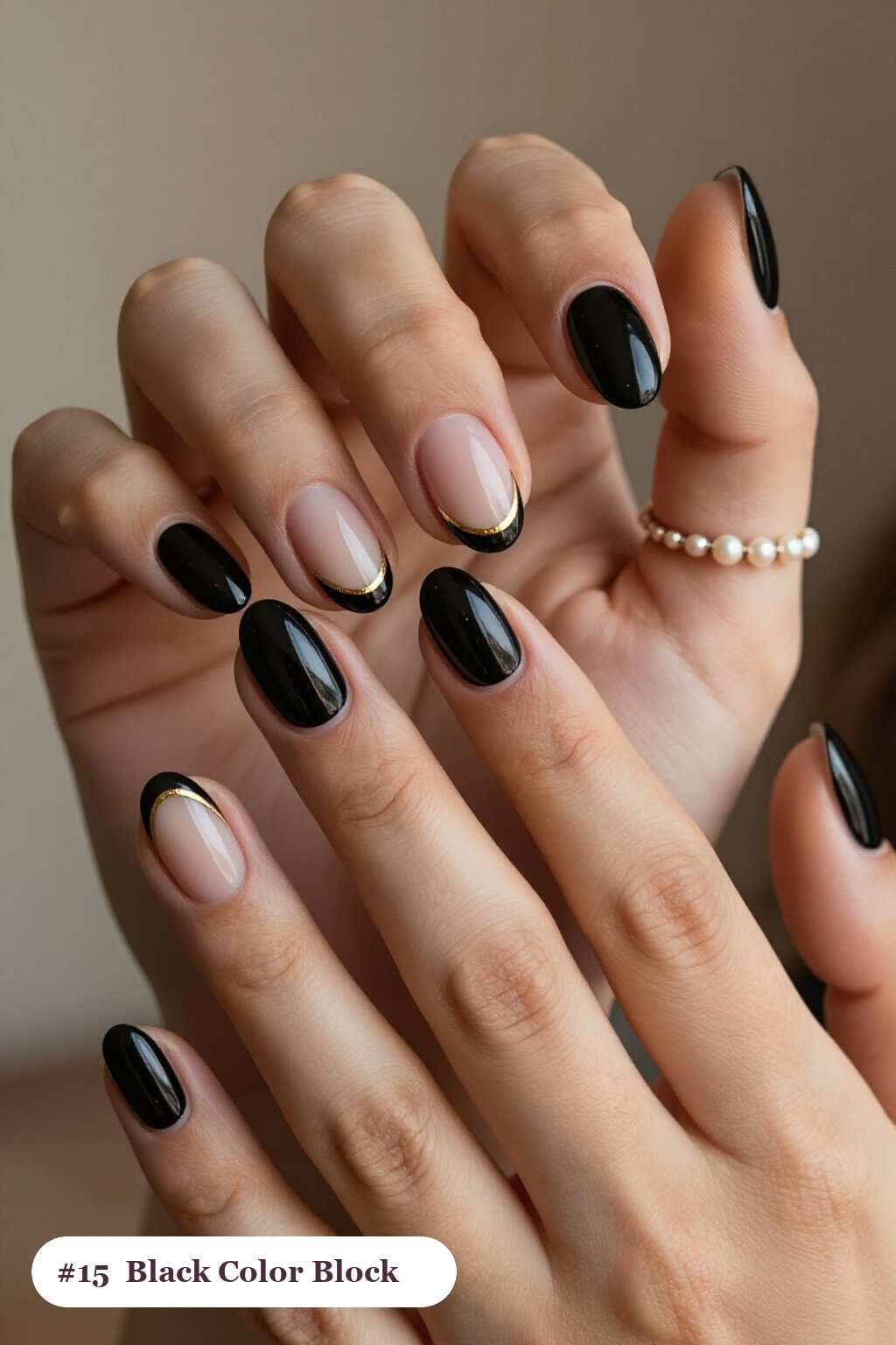 Diagonal Black Almond Nails with Gold Line: On Short Nails - halloween nails short