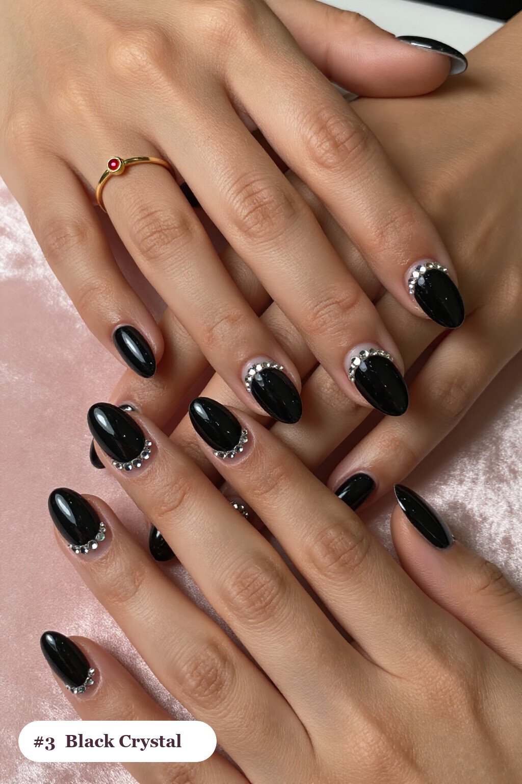 Black Almond Nails Dazzling with Crystal Rhinestones Along the Cuticle - halloween nails short