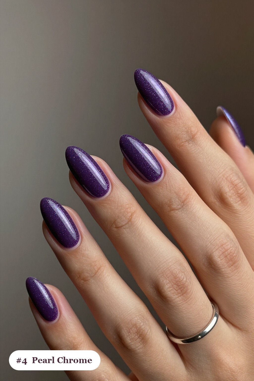 Deep Purple Almond Nails Wrapped in Iridescent Pearl Chrome Sheen - halloween nails short