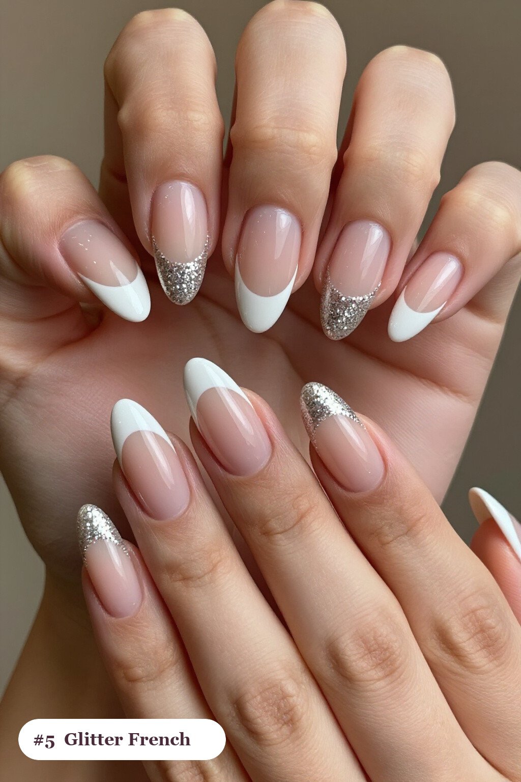Bone White Almond Nails with Glitter‑Packed French Tips on a Nude Base - halloween nails short